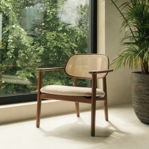 Fauteuil Vincent Sheppard Titus Lounge - Tobacco Stained Beech, Lime white bouclé seat